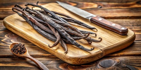 Vanilla pod and beans displayed on olive board and knife
