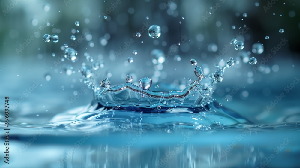 Wall mural A stunning capture of clear blue water splashing, showcasing the beauty and vitality of moving water droplets. 