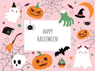 Happy Halloween card with cute ghosts, pumpkins, and magic elements. Festive postcard for autumn October holiday, Trick or Treat. Flat vector illustration on pink background.