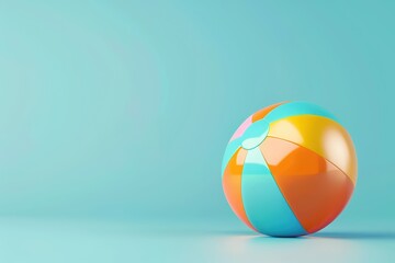 Obraz premium Colorful beach ball resting on a smooth surface with a soft blue background, perfect for summer and vacation themes.