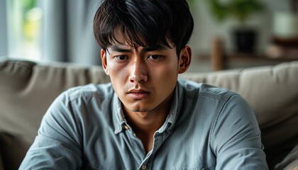 Worried Man Sitting on Couch in Thoughtful Reflection