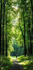 Obraz premium A serene forest pathway illuminated by sunlight, inviting exploration and tranquility among vibrant green trees.