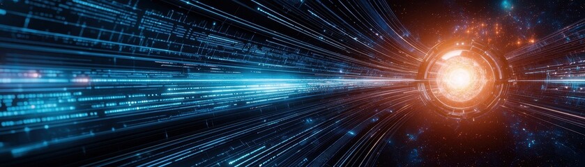 Fototapeta premium A stunning cosmic scene depicting light speed travel through vibrant particles and glowing energy bursts in the universe.