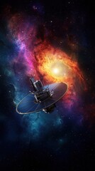 A stunning cosmic scene featuring a spacecraft navigating through vibrant galaxies and colorful nebulae in deep space.