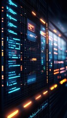 Obraz premium Futuristic digital interface displaying data, circuit patterns, and glowing elements. Ideal for tech and cybersecurity themes.