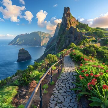 Pink rhododendron flowers and Bucura lake at sunset, Retezat mountains, Coastal cliffs and the azure blue sea, presented in a stunning panoramic view both captivating and serene, 

