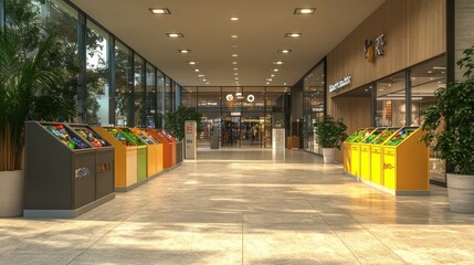 A waste sorting station at an outdoor music festival, with bright lighting and an eco-conscious, lively atmosphere.