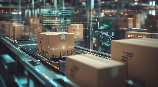 Smart warehouse management system using augmented reality technology to identify package picking and delivery . Future concept of supply chain and logistic business	
