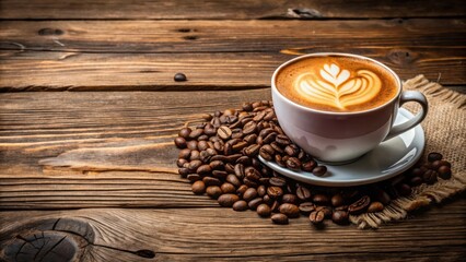 Cup of cafe latte and coffee beans on rustic wooden background