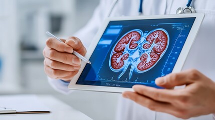 A doctor or nurse explaining kidney dialysis treatment using a medical chart or tablet.