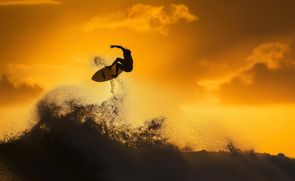 A surfer performs an aerial trick on a wave against the backdrop of a vibrant sunset.