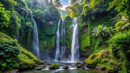 Fototapeta premium Gorgeous Bali waterfall Sekumpul surrounded by rocky vaults and lush foliage plants in a tropical forest setting