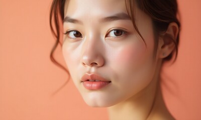 Fototapeta premium studio portrait of a young woman, smooth glowing skin, natural makeup, soft lighting, peach background
