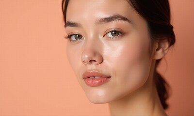 Fototapeta premium studio portrait of a young woman, smooth glowing skin, natural makeup, soft lighting, peach background