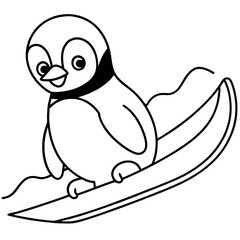 A cute penguin sliding down a hill on a sled, simplified with smooth lines vector