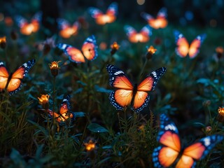 Glowing butterflies in an enchanted meadow at twilight
