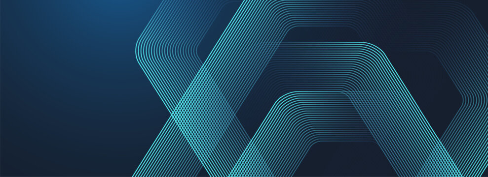 Abstract glowing hexagonal lines on dark blue background. Digital futuristic technology concept. Geometric stripe line art design for poster, brochure, cover, website, header, banner.