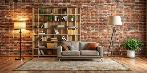 Brick wall home bookshelf with lamp and rug in cozy living room interior