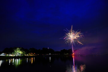 Zephyrhills night landscape and water side firework show	