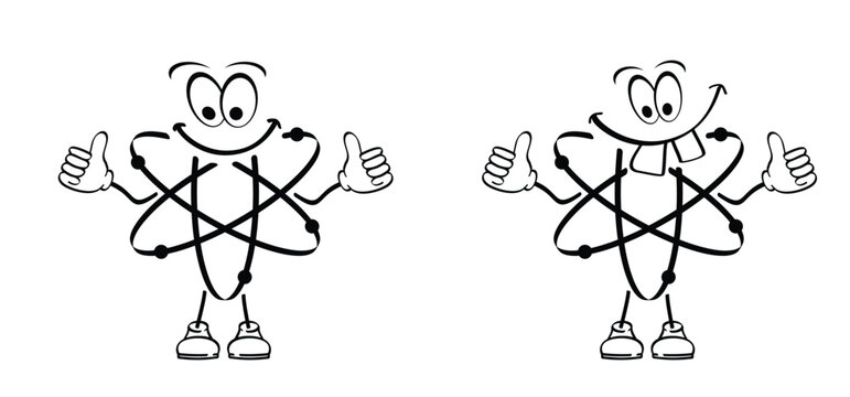 Atom mascot molecule. Science symbol. Nuclear energy, scientific research and molecular chemistry. Atomic structure, formula - electron, proton, neutron, elementary particle the nucleus of an atom.