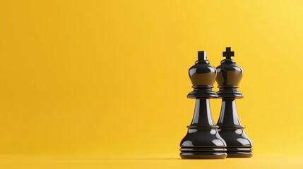 Two black chess pieces, a King and a Queen, stand together on a vibrant yellow background, symbolizing strategic leadership, teamwork, and winning strategy.