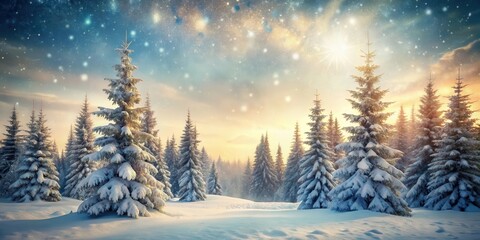 Snow-covered winter landscape with vintage feel featuring fir trees, perfect for Christmas wallpaper or background