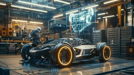 A highly detailed scene of a robotic AI assistant helping a mechanic repair an advanced vehicle in an automotive workshop. 