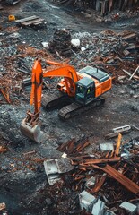 Fototapeta premium Large orange excavator at industrial scrap yard lifting wood and metal debris from ground