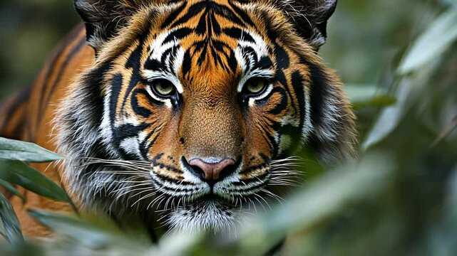 a tiger on green leaves footage