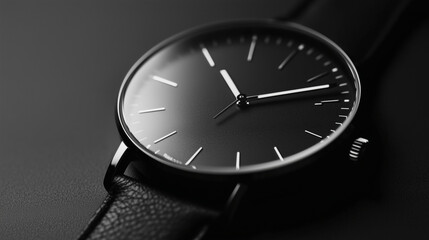 Close-up of minimalist black wristwatch with leather strap, sleek modern design