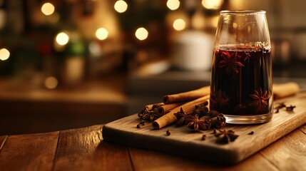A rustic scene featuring a wooden board with mulled wine, cloves, cinnamon sticks, and star anise, set against a warm, softly lit kitchen backdrop