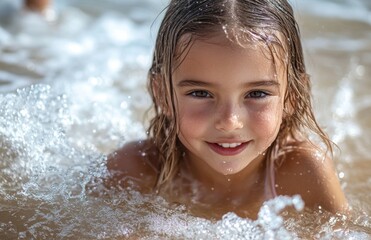 Fototapeta premium Beautiful young girl joyfully playing in the sea, splashing water, and enjoying summer waves