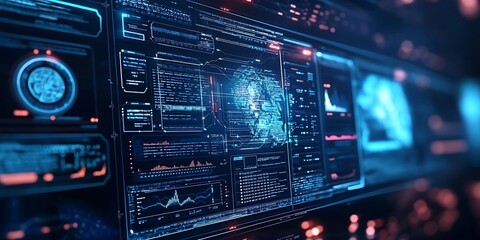 Obraz premium Futuristic digital interface with a world map displaying data and information