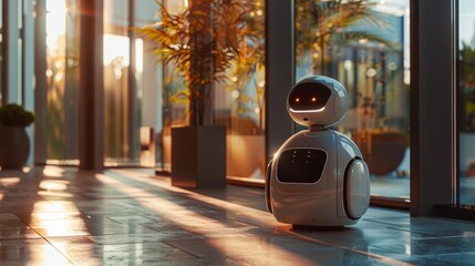 A realistic image of a futuristic AI assistant robot, sleek and minimalistic in design, interacting with a person in a modern office setting. 
