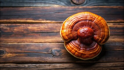 Fototapeta premium Fresh lingzhi mushroom on dark wooden floor, showcasing the Chinese traditional medicine and nutritive value of ganoderma lucidum