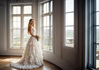 Fototapeta premium A young elegant blonde woman in a bridal gown