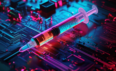 A syringe filled with liquid rests on a glowing circuit board, symbolizing the intersection of technology and medicine.