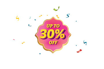 Sale Discount Label. Ethnic Shape Sale Promotion Stamp. Price Upto 30% Off Tag. Pink and Yellow Sale Label.