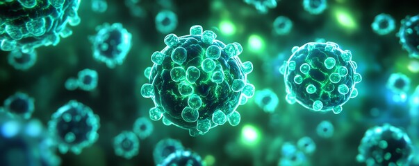 A detailed illustration of vibrant green viruses, showcasing their intricate structure and biological significance in a microscopic view.