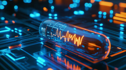 A futuristic pill with a glowing heartbeat symbol placed on a circuit board.
