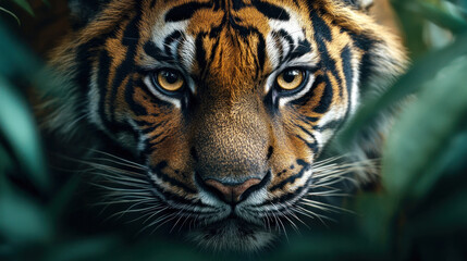 A close-up of a tiger prowling through the dense jungle, its eyes focused and alert