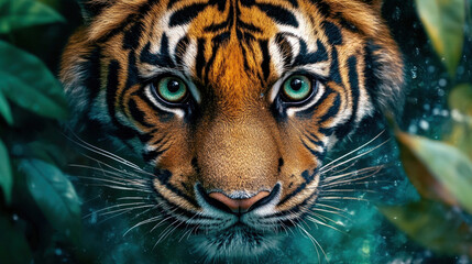 Fototapeta premium A close-up of a tiger prowling through the dense jungle, its eyes focused and alert