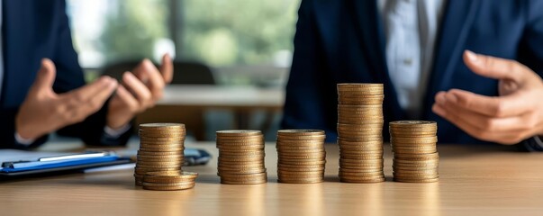 Impact of inflation risk on personal savings illustrated with diminishing stacks of coins financial advisors discussing in a well-lit modern room