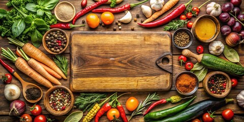 Vintage border of assorted vegetables and spices surrounding an empty cutting board