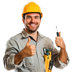 An electrician giving a thumbs-up with a confident smile, holding a screwdriver. isolated on transparency background