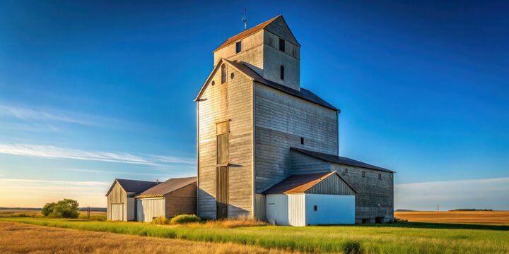Iconic Canadian prairies granary grain elevator in Saskatchewan under a clear blue sky