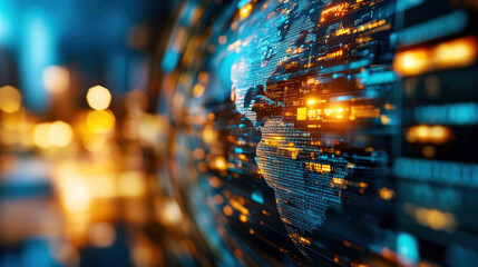 A digital globe surrounded by images of trade, technology, and communication, illustrating the global networks connecting nations.