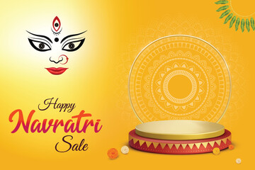 Goddess Durga On Yellow Background With Podium. Happy Navratri Sale Indian Hindu Festival Concept.  © Inkeye Studio