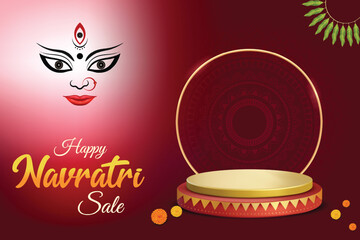Goddess Durga On Maroon Background With Podium. Happy Navratri Sale Indian Hindu Festival Concept.  © Inkeye Studio