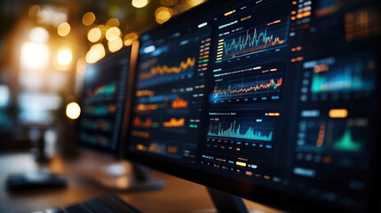 Naklejka premium A digital dashboard displaying real-time analytics, with charts, graphs, and data trends showcased on multiple monitors.